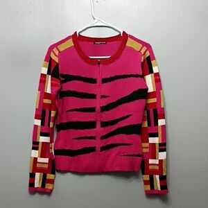 Vintage Michael Simon Beaded Tiger Stripe Geometric Zip Front Cardigan SZ Small